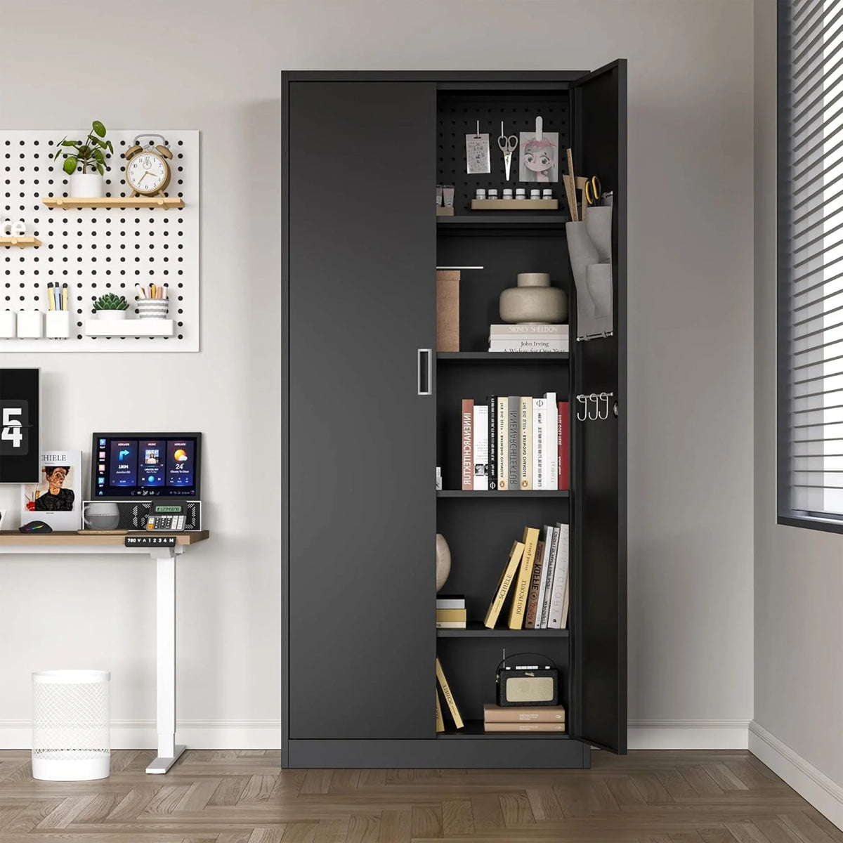 70 in, Modern Kitchen Storage Cabinet, 6 Adjustable Shelves Metal Storage Locker