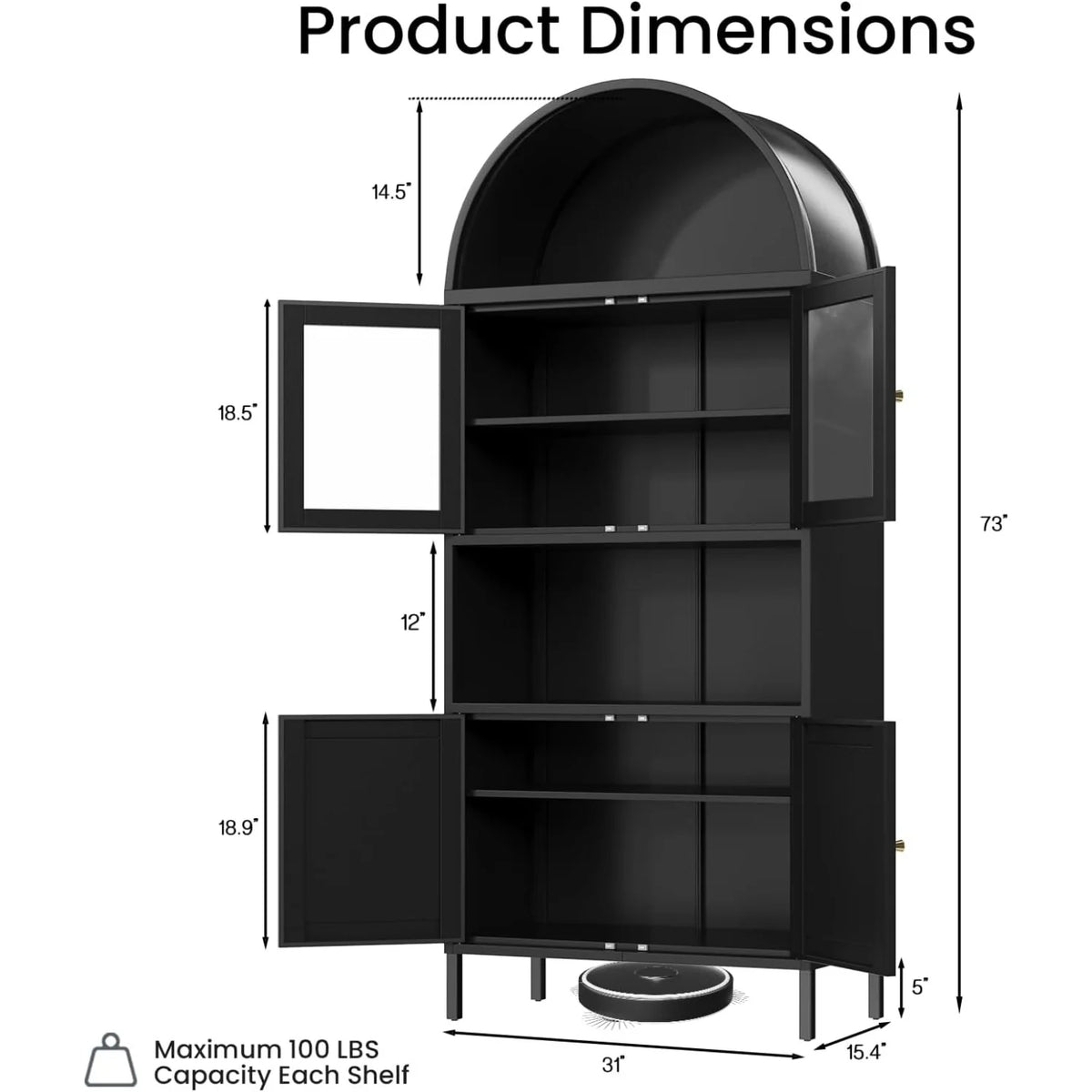 AECOJOY 73" Kitchen Pantry, Metal Arched Cabinet with Glass Door & Adjustable Shelves