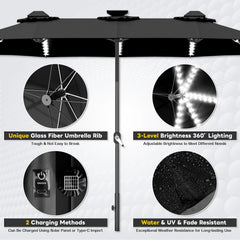 AECOJOY 15ft Patio Double-Sided Umbrella, 156 PCS Solar LED Light Outdoor Large Umbrella, Black