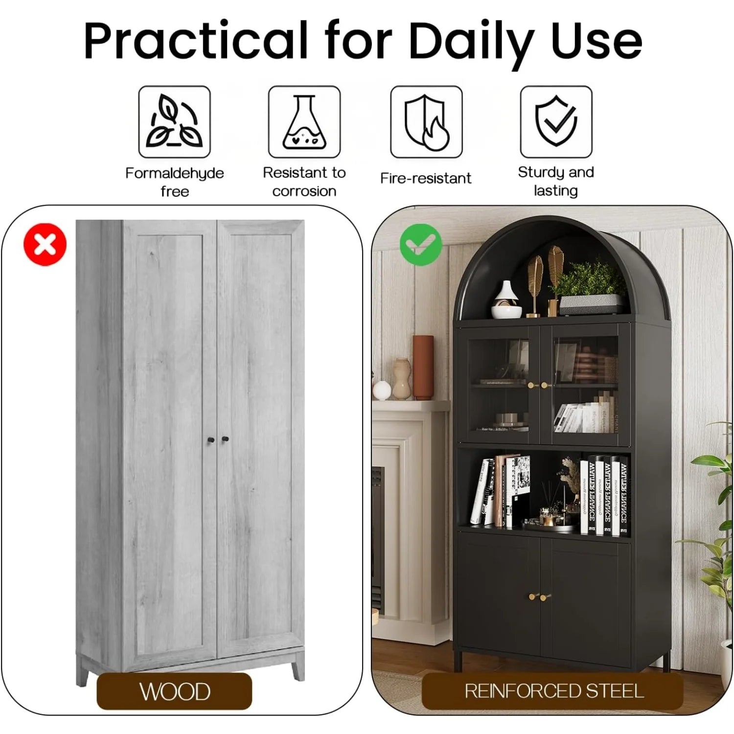 AECOJOY 73" Kitchen Pantry, Metal Arched Cabinet with Glass Door & Adjustable Shelves