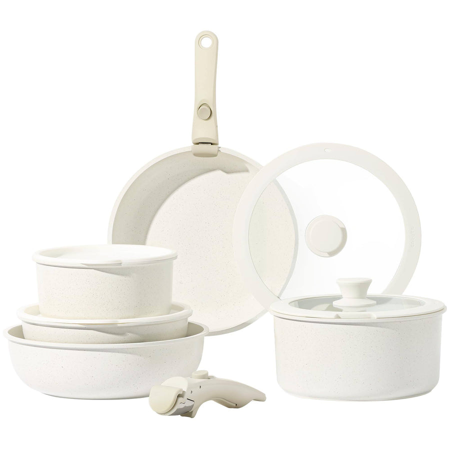 Carote 11pcs Pots and Pans Set, Nonstick Cookware Sets Detachable Handle, Induction RV Kitchen Set Removable Handle, Oven Safe, Cream White