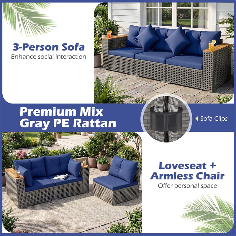 86.5" 3-Seat Patio Wicker Sofa, 3PCS Modular PE Rattan Sectional Furniture Set with Cup Holders & Wood Armrests, Outdoor Couch for Garden Yard
