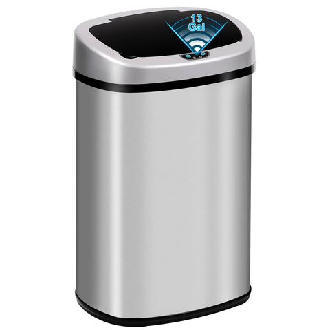13 Gallon Touch Free Automatic Stainless Steel Trash Can Garbage Can Metal Trash Bin with Lid for Kitchen Living Room Office Bathroom, Electronic