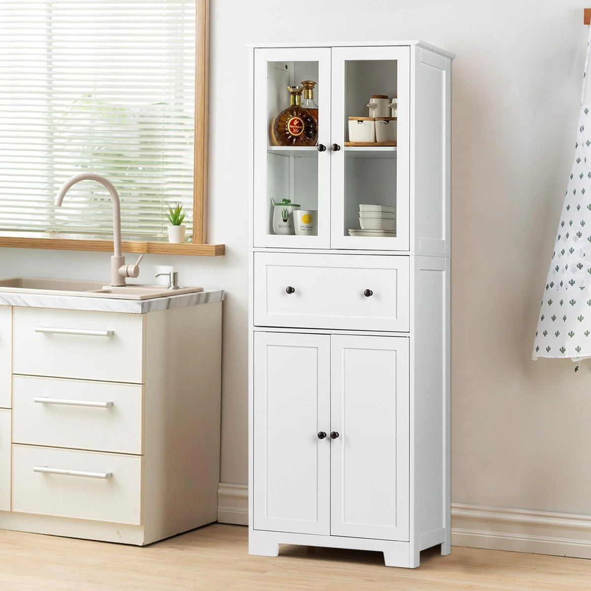 Ktaxon 64" Tall Bathroom Storage Cabinet Organizer, Freestanding Kitchen Pantry Cabinet Line Tower with 2 Glass Doors, Large Drawer & 4 Adjustable Shelves for Dining Room Living Room Home Office, White