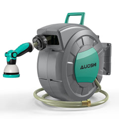 AUOSHI Retractable Garden Hose Reel 1/2" 100ft Automatic Hose Reel with 10 Function Sprayer Nozzle Wall Mount 180 Deg Swivel Bracket Hose Reel