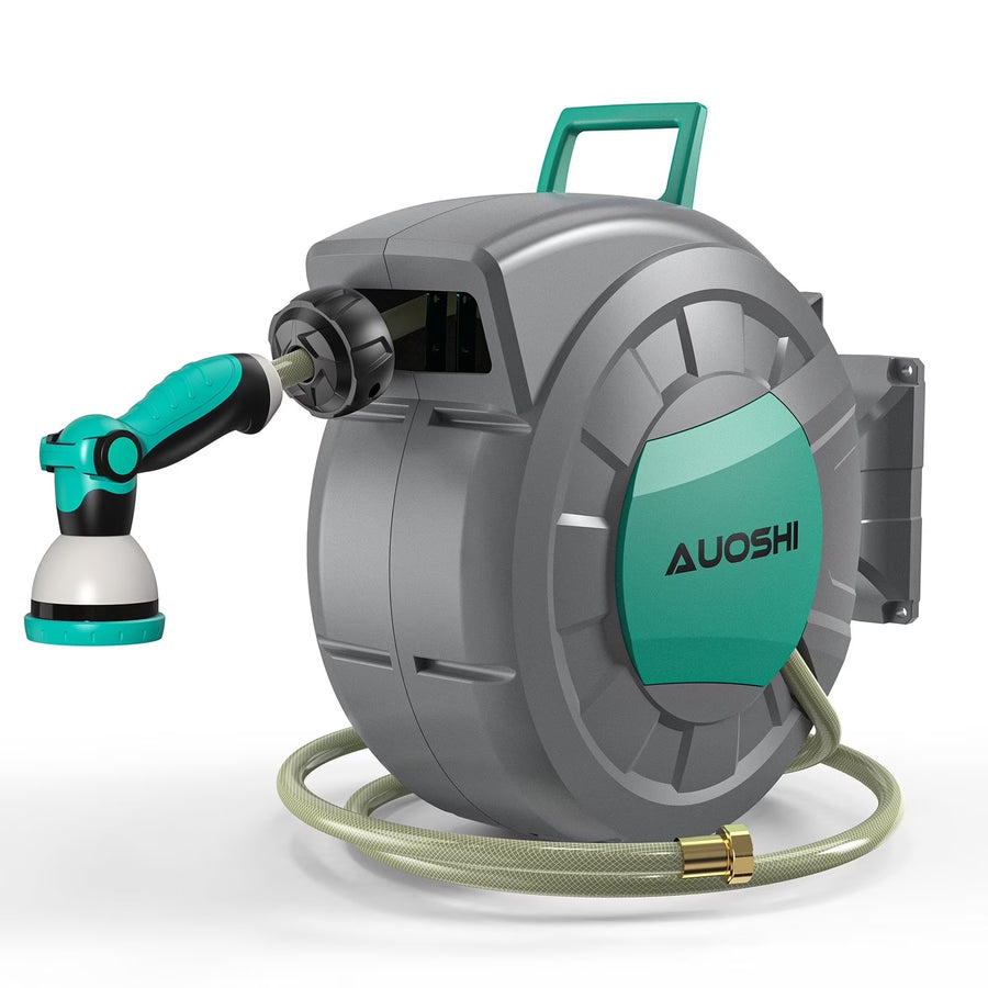 AUOSHI Retractable Garden Hose Reel 1/2" 100ft Automatic Hose Reel with 10 Function Sprayer Nozzle Wall Mount 180 Deg Swivel Bracket Hose Reel