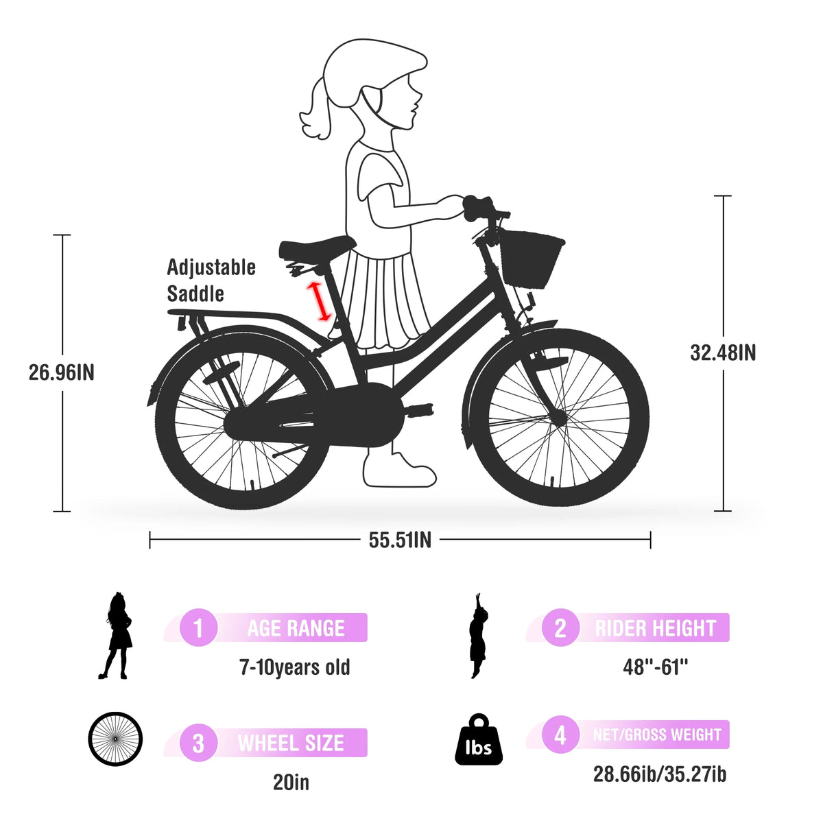20" Kids Bike Girls Bike with Basket Single Speed Steel Frame Children Bicycle for 7 - 10 Years, Pink