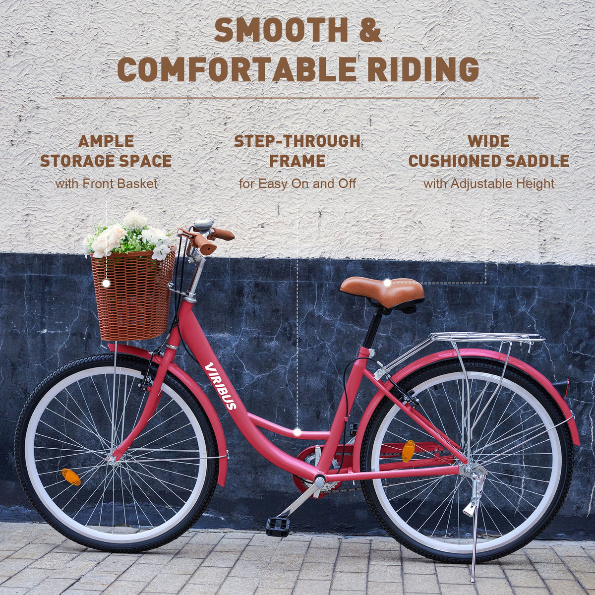 Viribus Women'S Comfort Bike 24 in Beach & City Cruiser Bicycle with Basket Rack White