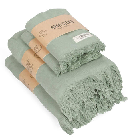Sand Cloud Terra XL Bath Bundle 4 Pack - Sage - Lightweight, Fast-Drying, Non-Smell, Organic Cotton Turkish Bath Towel