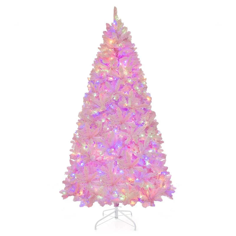 7 FT Pre-lit Pink Artificial Christmas Tree, Hinged Snow Flocked Holiday Tree with 1200 Tips, 500 Multi-Color LED Lights & 8 Modes for Home Decor