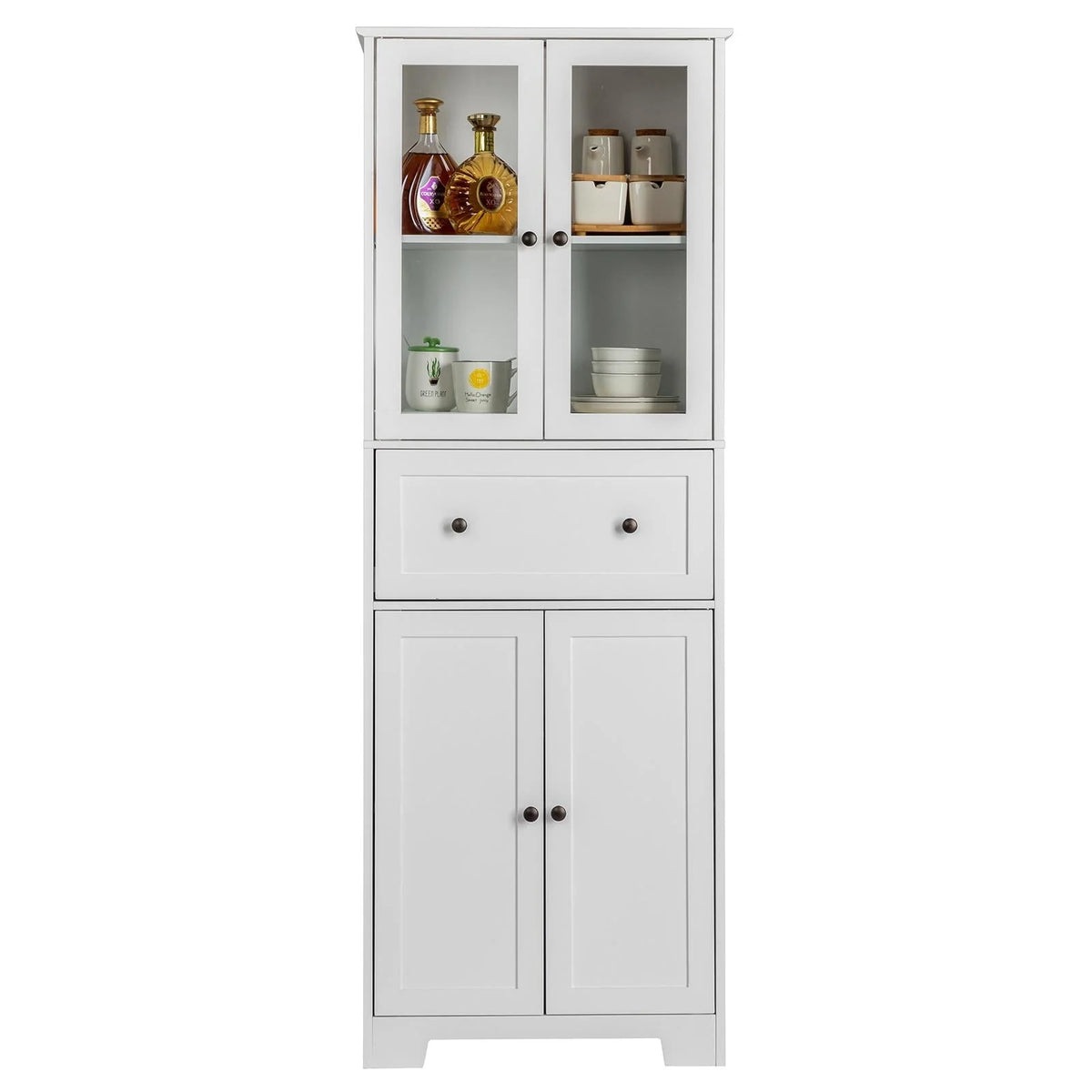 Ktaxon 64" Tall Bathroom Storage Cabinet Organizer, Freestanding Kitchen Pantry Cabinet Line Tower with 2 Glass Doors, Large Drawer & 4 Adjustable Shelves for Dining Room Living Room Home Office, White