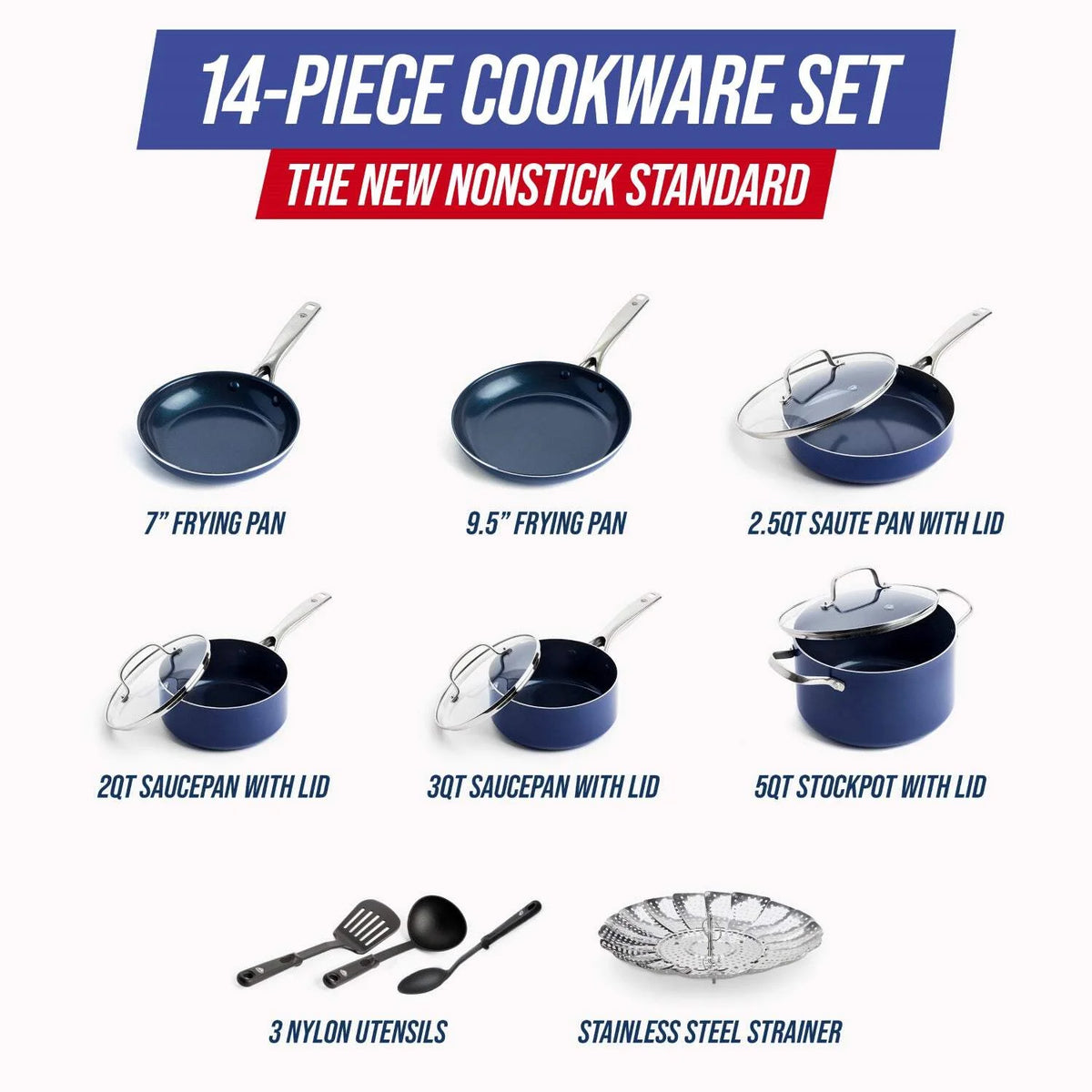 Blue Diamond 14 Piece Cookware Set, Diamond Infused Ceramic Healthy Nonstick, Blue