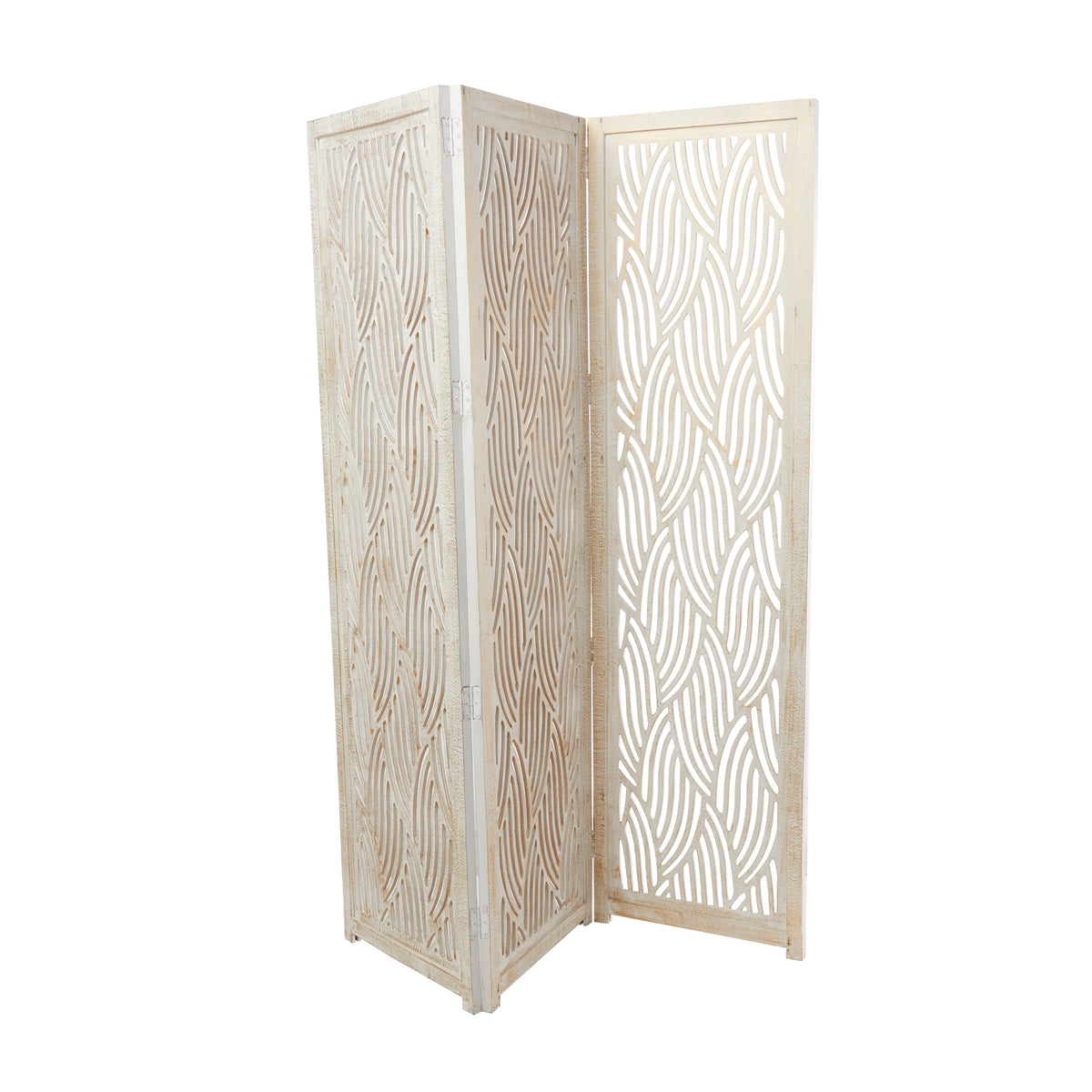 Decmode 60" x 72" Black Mango Wood Abstract Wavy Cutout 3 Panel Room Divider Screen, 1 - Piece