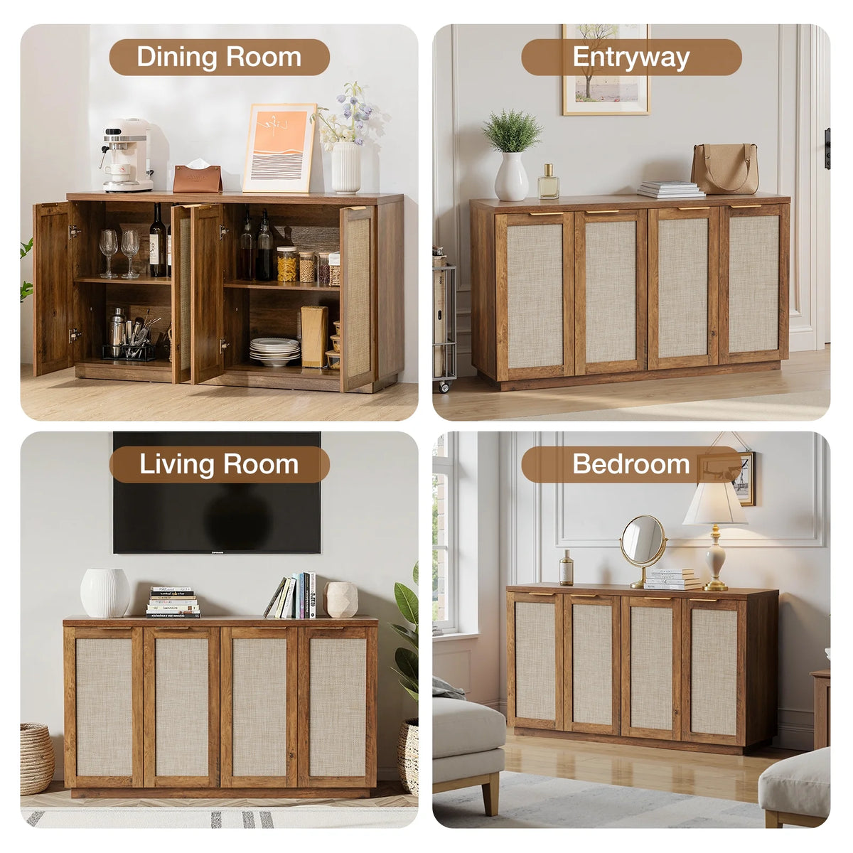 Hommpa Sideboard Buffet Cabinet Rattan Kitchen Storage Organizer with 5 - Position Adjustable Shelf & 2 Doors Boho Farmhouse Accent Cabinets TV Console for Living Dining Room Coffee Bar