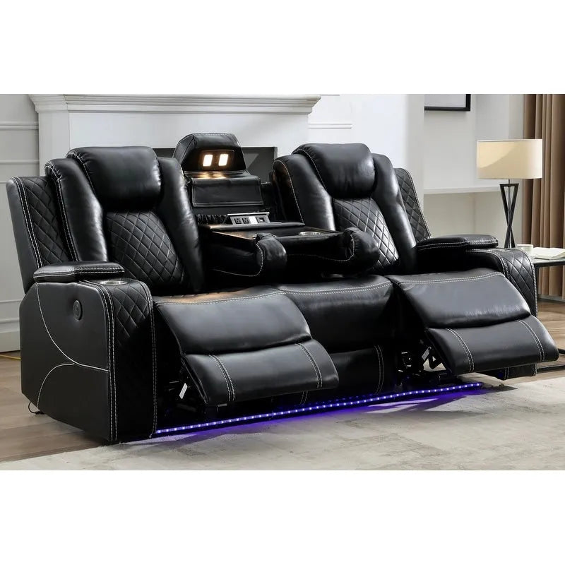 Black Power Reclining Sofa with Wireless Charger, Reading Light, Faux Leather, LED Lighting, AC/USB Ports, and Cup Holder for Living Room