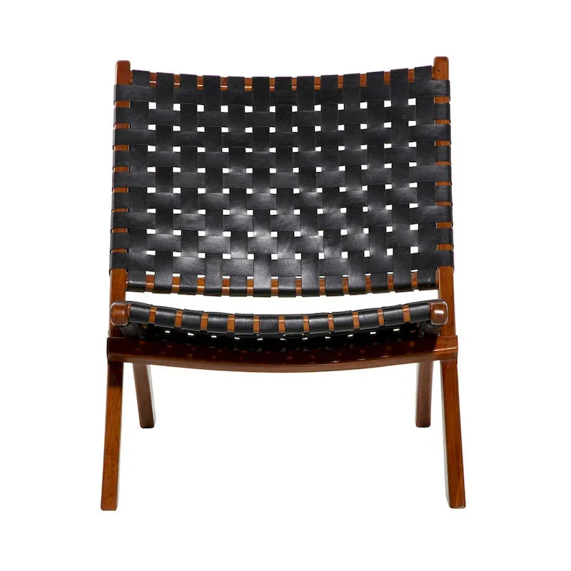 Woven Leather Folding Chair with Brown Wood Frame - Available in Black or Brown - Roche River Decor