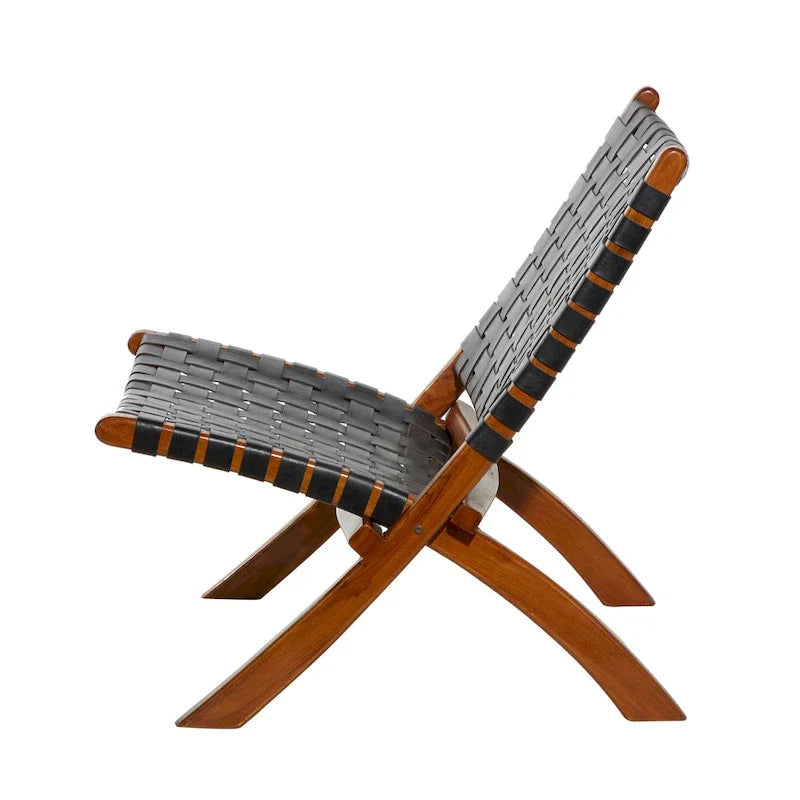 Woven Leather Folding Chair with Brown Wood Frame - Available in Black or Brown - Roche River Decor