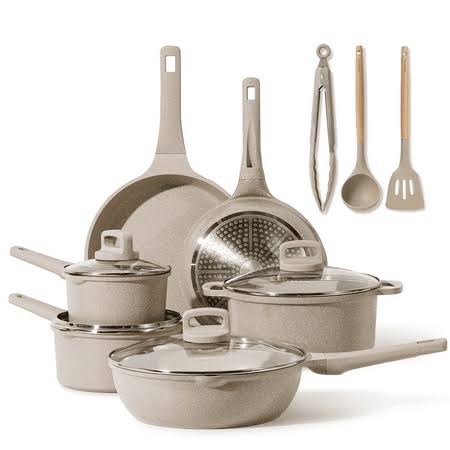 Carote Nonstick Pots and Pans Set, 13 Pcs Induction Kitchen Cookware Sets(Taupe Granite), Brown