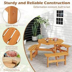 6-Person Round Wood Picnic Table Set with 3 Built-in Benches & 2" Umbrella Hole, Holds 1850 LBS, Outdoor Dining Table & Bench for Patio Garden