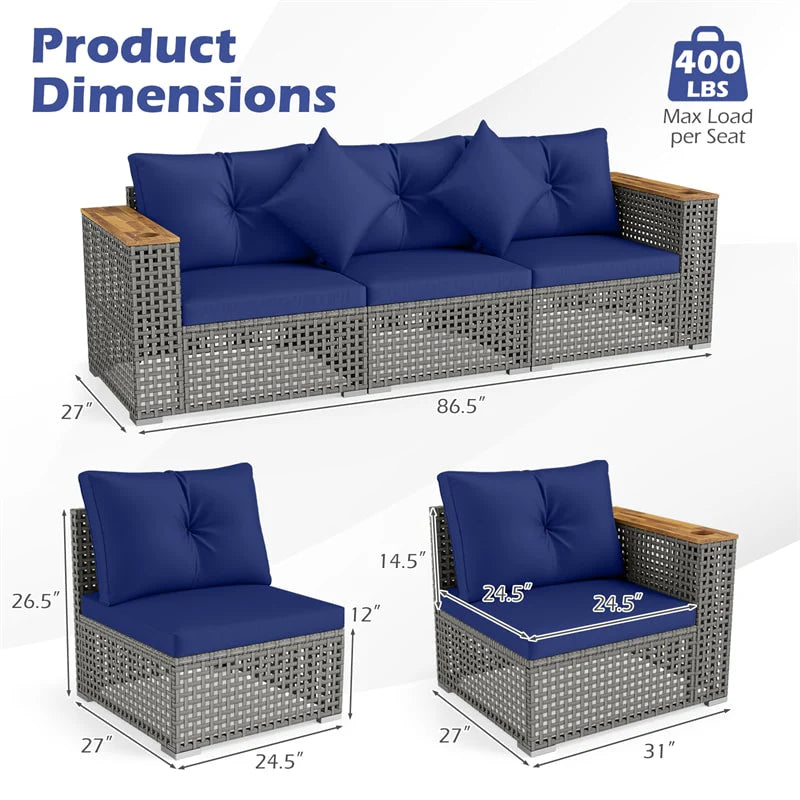 86.5" 3-Seat Patio Wicker Sofa, 3PCS Modular PE Rattan Sectional Furniture Set with Cup Holders & Wood Armrests, Outdoor Couch for Garden Yard