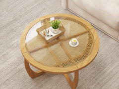 Round Wood Coffee Table with Glass Rattan Top, Wooden Circle Center Table with Curved Legs & Removeable Tempered Glasstop, Cocktail Table for Living Room, Light Brown 32.28" x 18.15"