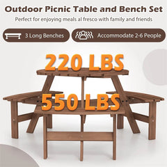 6-Person Round Wood Picnic Table Set with 3 Built-in Benches & 2" Umbrella Hole, Holds 1850 LBS, Outdoor Dining Table & Bench for Patio Garden