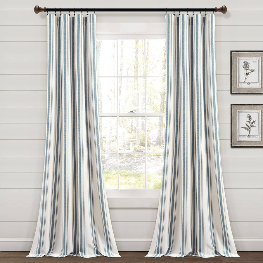 Lush Decor Farmhouse Stripe Yarn Dyed Cotton Window Curtain Panel Pair - 84" x 42" - Blue