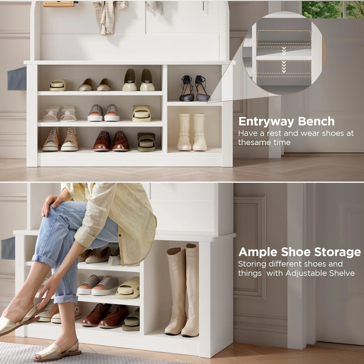 Lofka 5 - in - 1 Hall Tree with Bench and Shoe Storage, Entryway Hall Tree with Coat Rack, Adjustable Shoe Storage, 2 - Tier Top Storage, White