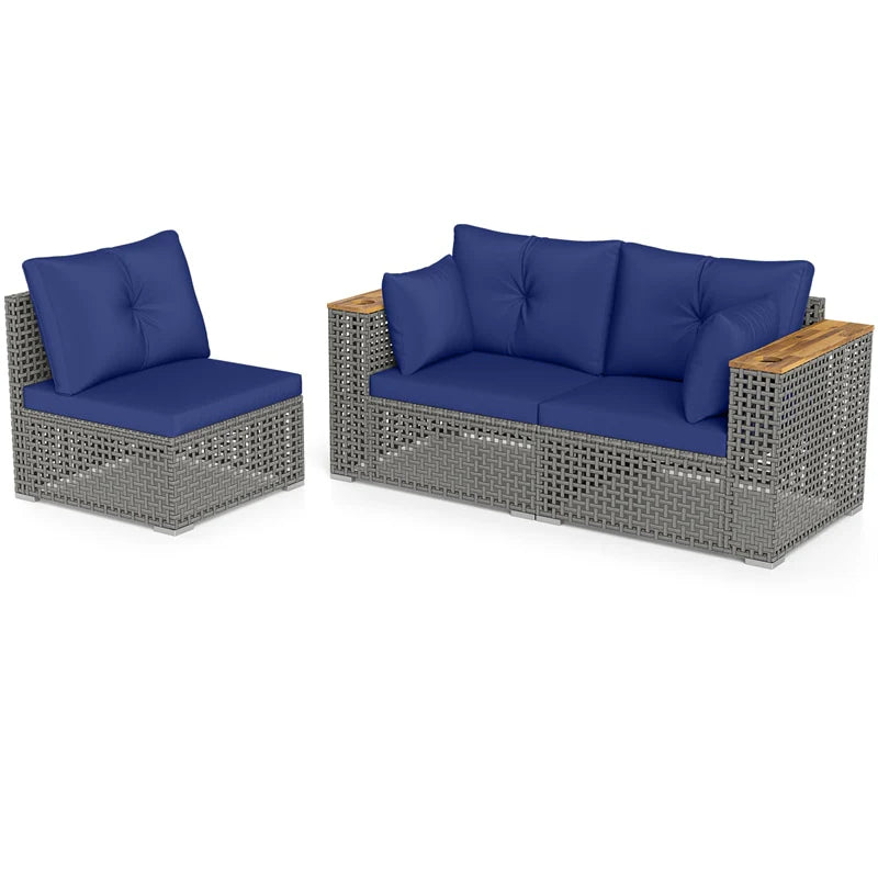 86.5" 3-Seat Patio Wicker Sofa, 3PCS Modular PE Rattan Sectional Furniture Set with Cup Holders & Wood Armrests, Outdoor Couch for Garden Yard