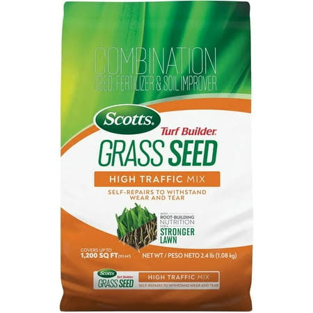 Scotts Turf Builder Grass Seed High Traffic Mix Self-Repairs to Withstand Wear and Tear with Root-Building Nutrition, 2.4 lb.