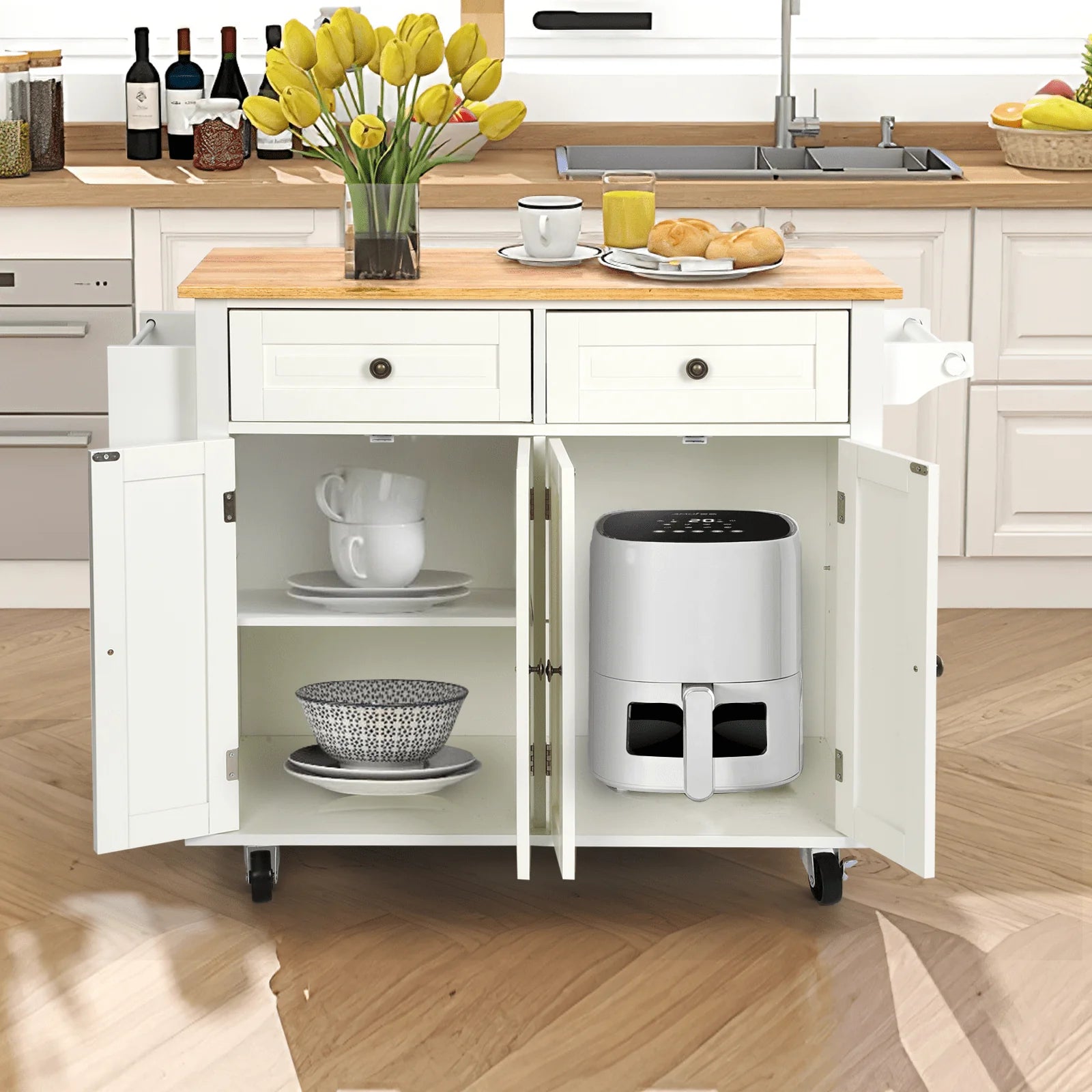Richya Kitchen Island with Storage, Rolling Kitchen Cart with Lockable Wheels, Rubber Wood Tabletop Kitchen Island Table for Kitchen, Living Room, White