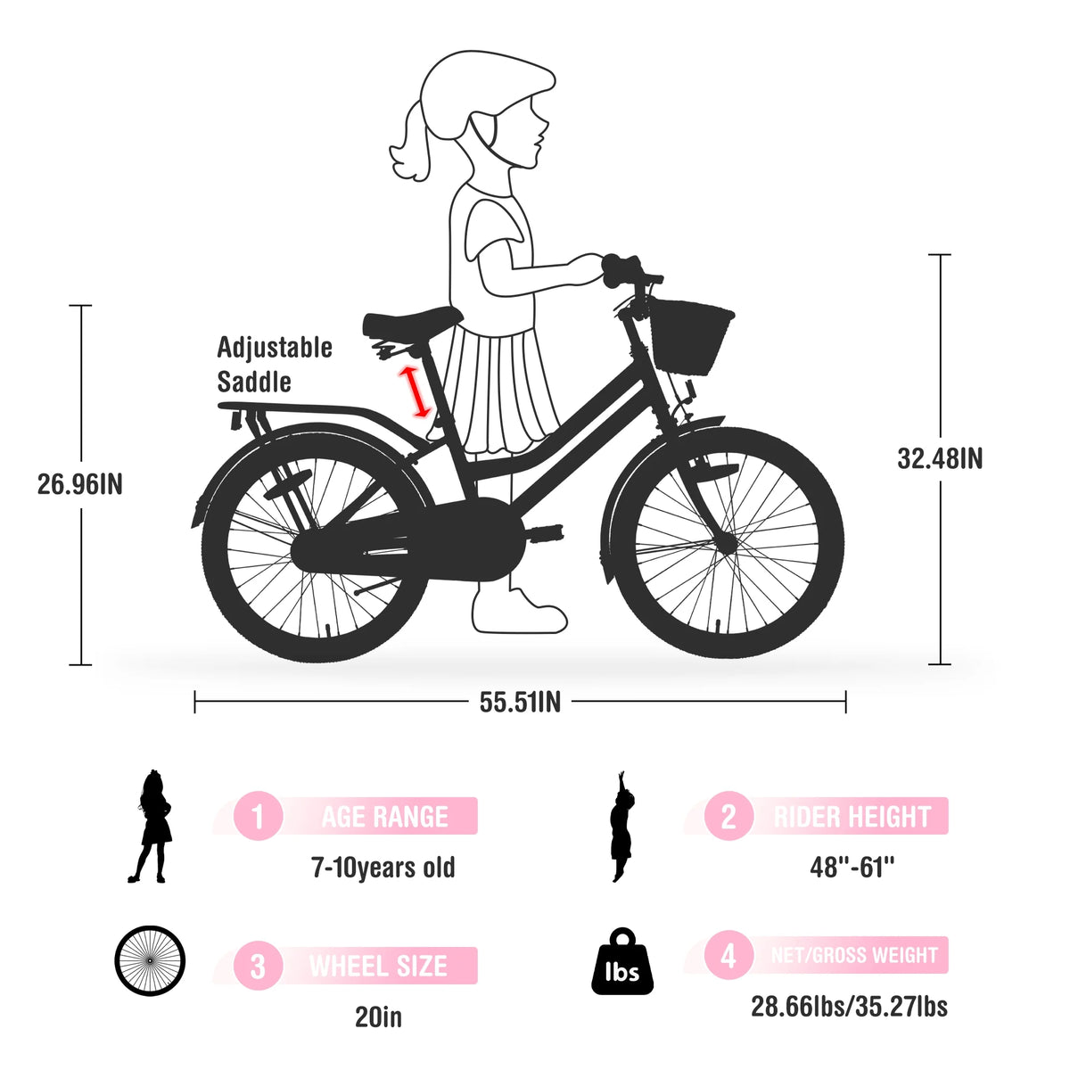 20" Kids Bike Girls Bike with Basket Single Speed Steel Frame Children Bicycle for 7 - 10 Years, Pink