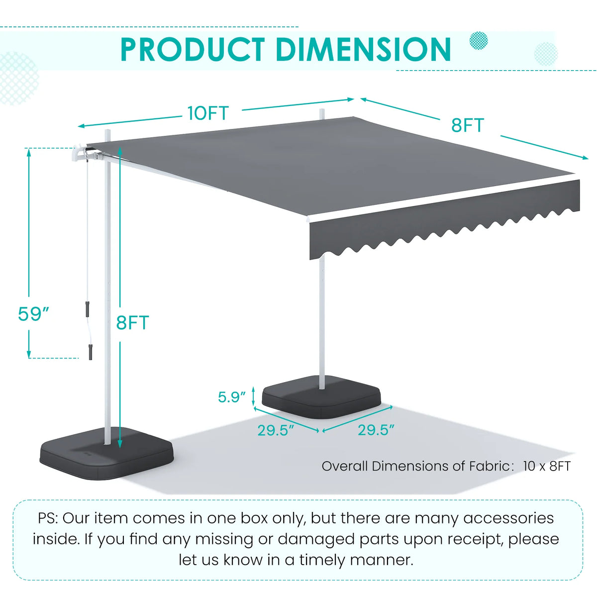 AECOJOY Free Standing Retractable Awning, 10'x8' Patio Awnings Outdoor Manual Sun Shade Shelter, Dark Grey