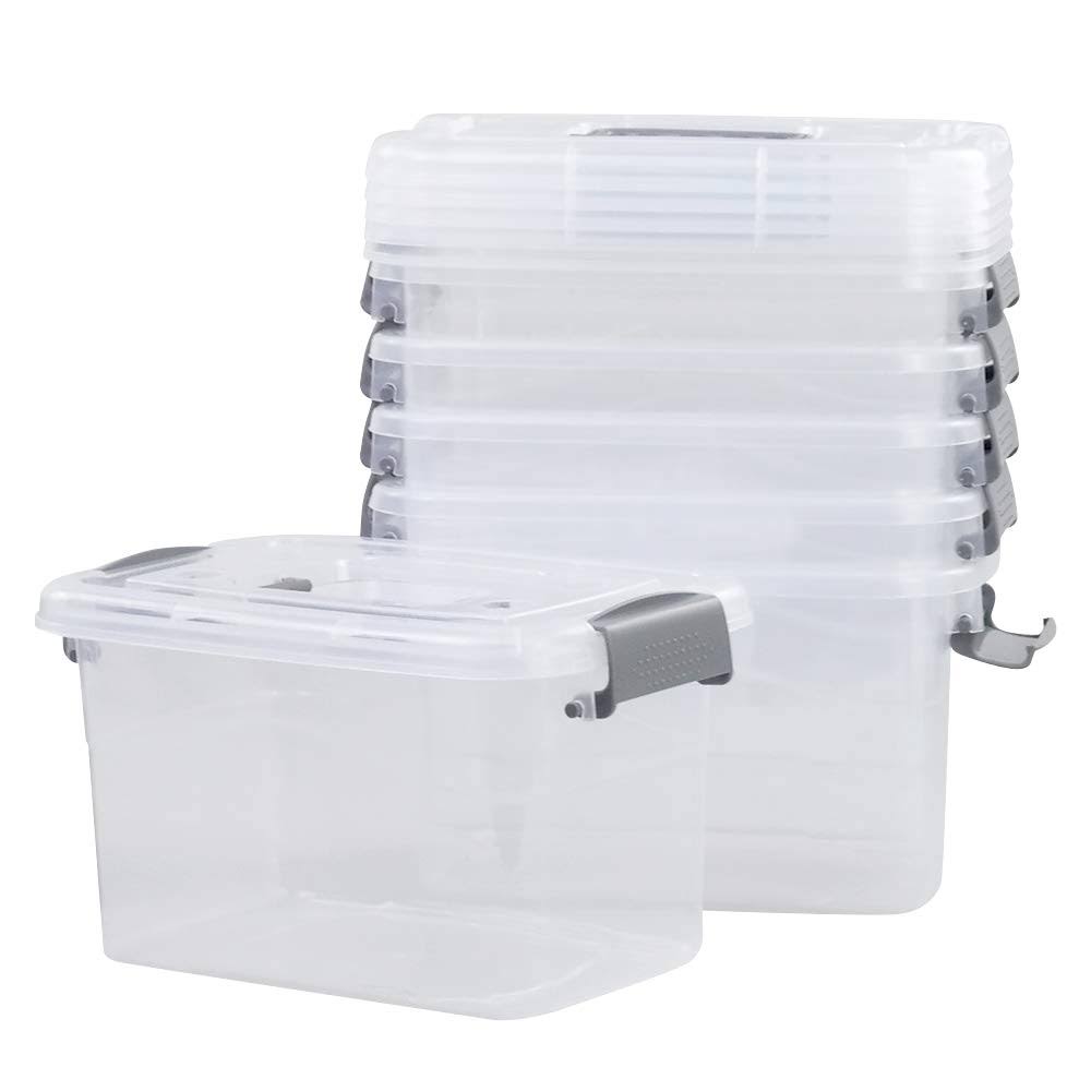 Minekkyes 6-Pack Home Storage Bins, Plastic Container, Latching Box with Handle (Grey Handle)