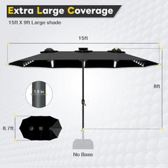 AECOJOY 15ft Patio Double-Sided Umbrella, 156 PCS Solar LED Light Outdoor Large Umbrella, Black