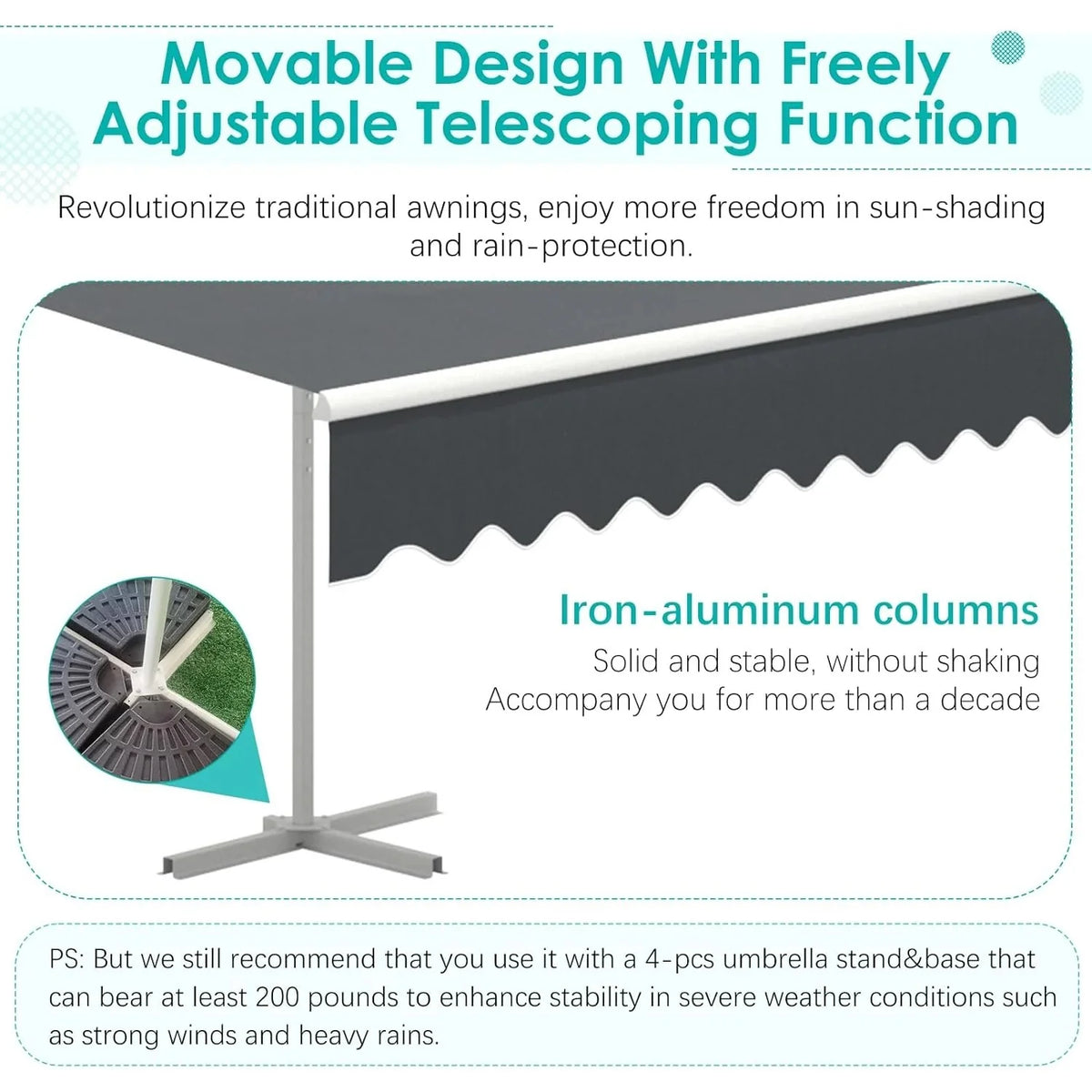 AECOJOY Free Standing Retractable Awning, 10'x8' Patio Awnings Outdoor Manual Sun Shade Shelter, Dark Grey