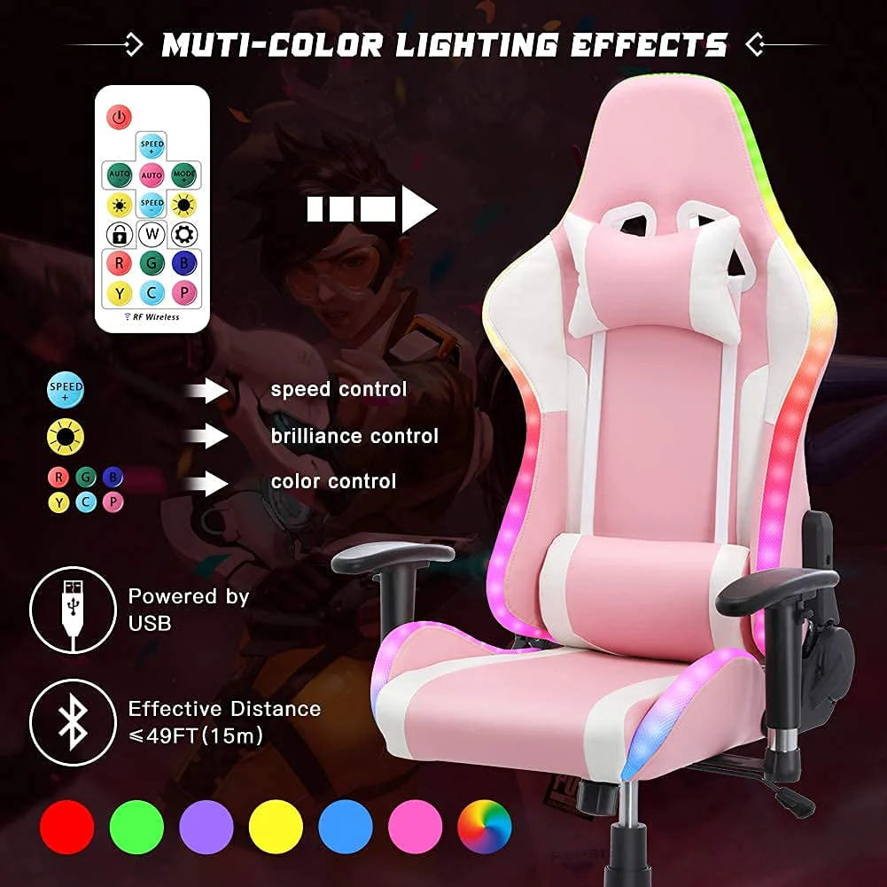 Homemiyn Gaming Chair with Speakers Video and RGB LED Lights, Pink PU Leather Ergonomic Racing Office Chair