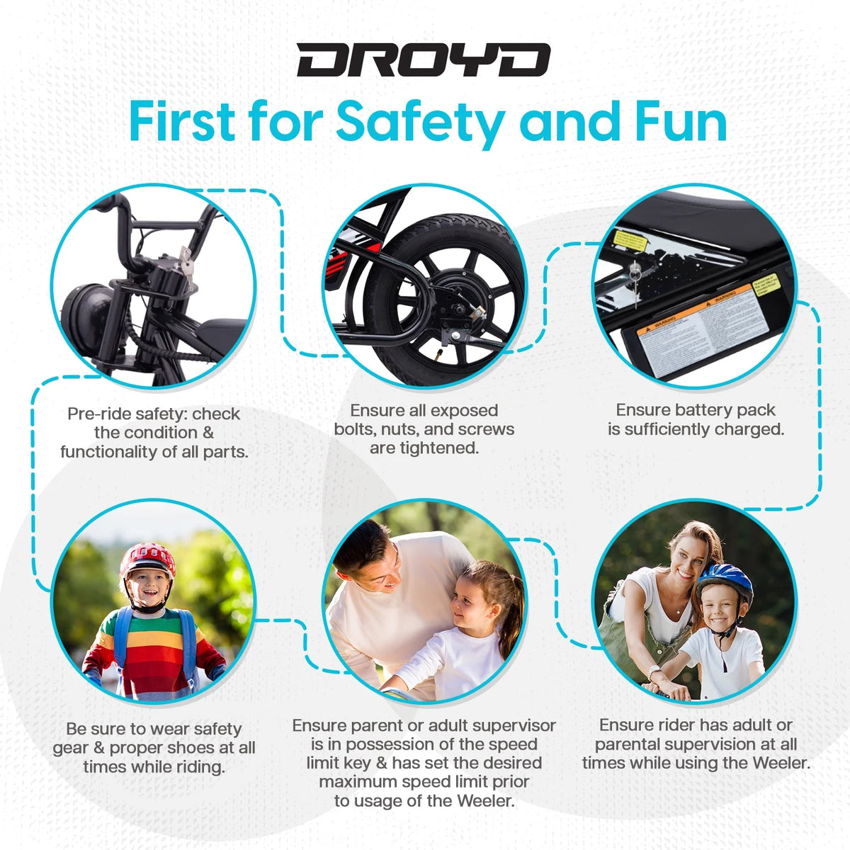 Droyd Weeler Electric Mini Bike - 24V 8ah Battery, 6 - 10 MPH, up to 8 Miles, LED Lights, Kids Ages 6+