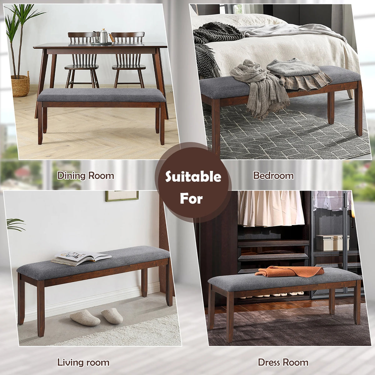 Costway Dining Bench Upholstered Entryway Bench Footstool Kitchen W/ Wood Legs