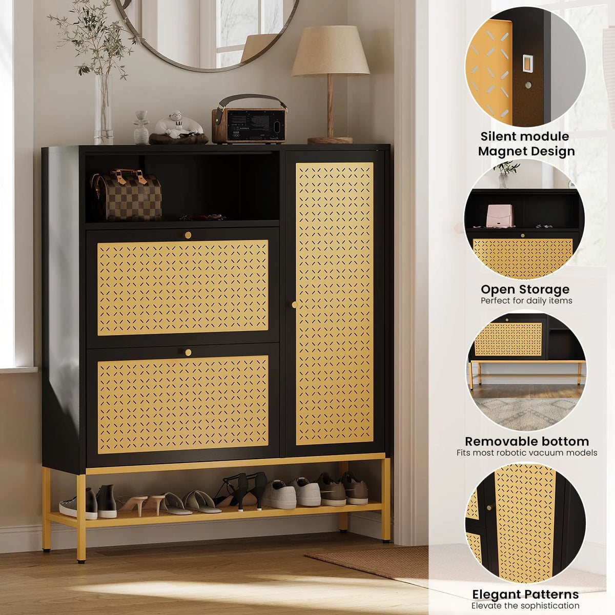AECOJOY Shoe Storage Cabinet with 2 Flip Drawers - Hidden Shoe Organizer for Entryway, Metal Shoe Rack with Door & Open Storage
