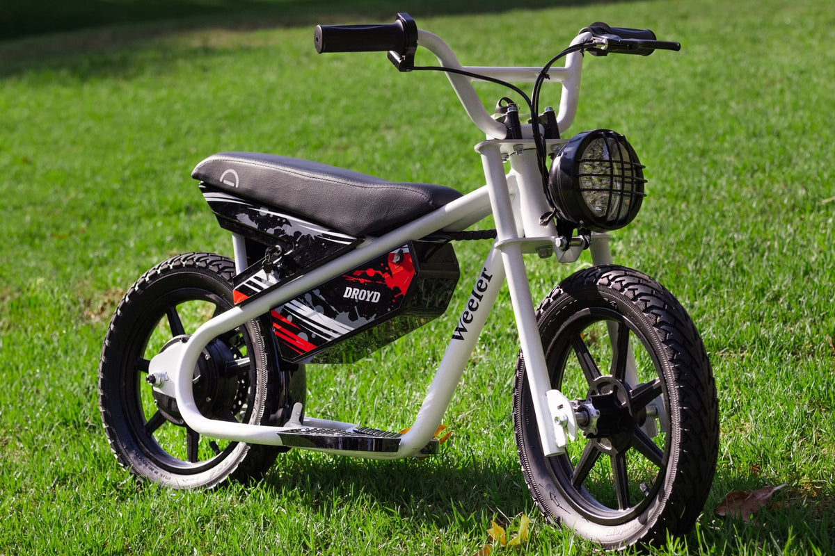 Droyd Weeler Electric Mini Bike - 24V 8ah Battery, 6 - 10 MPH, up to 8 Miles, LED Lights, Kids Ages 6+