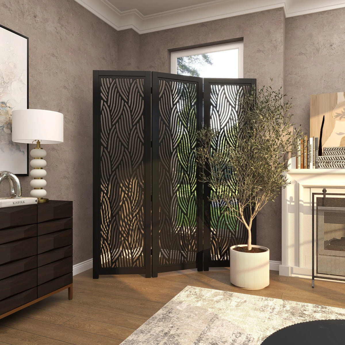 Decmode 60" x 72" Black Mango Wood Abstract Wavy Cutout 3 Panel Room Divider Screen, 1 - Piece