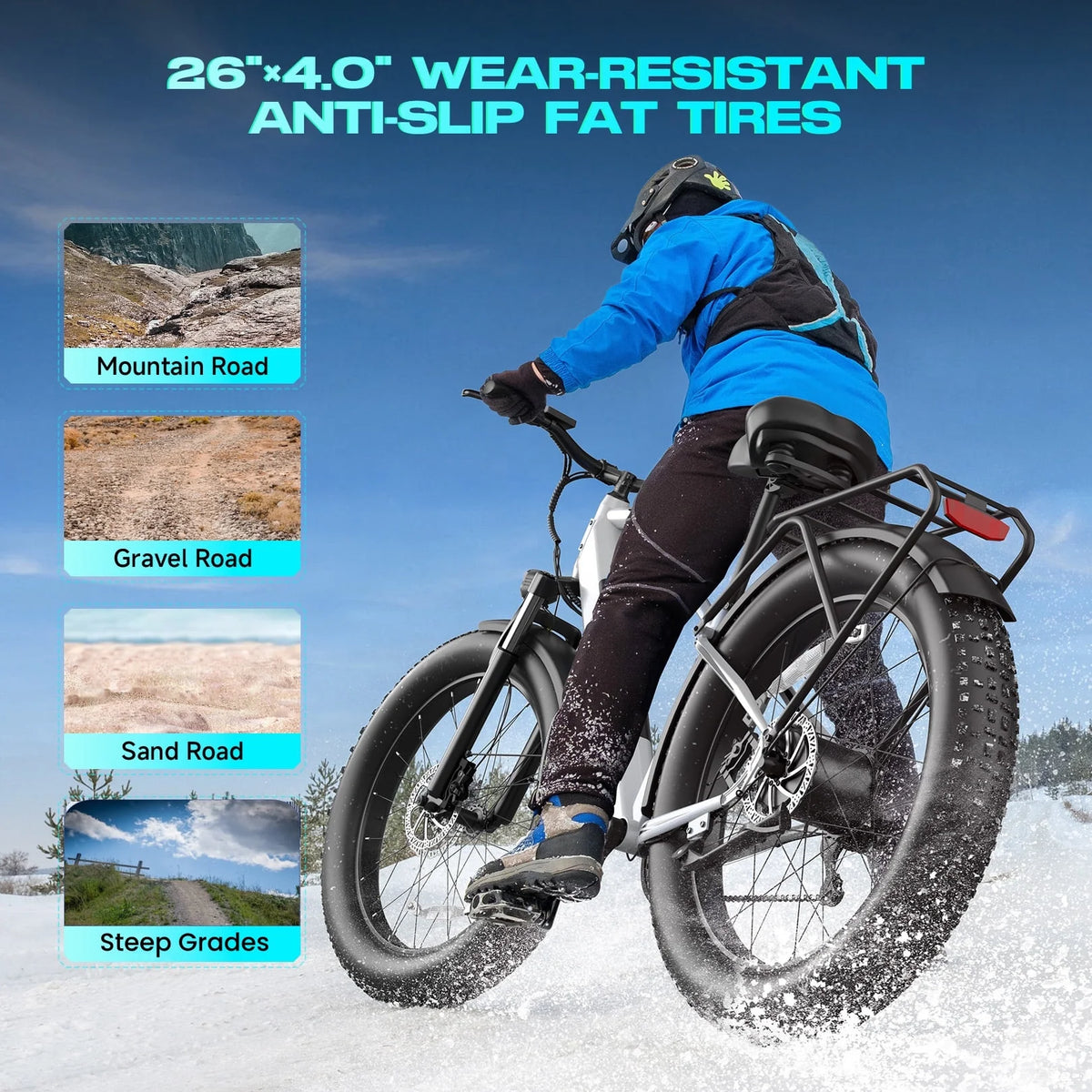 Gocio Electric Bike, 26"x4.0" Fat Tire E - Mountain Bike, Peak 1000W Motor, 28MPH 48V 15ah Battery Removable Ebike for Off Road, Sand, UL2849