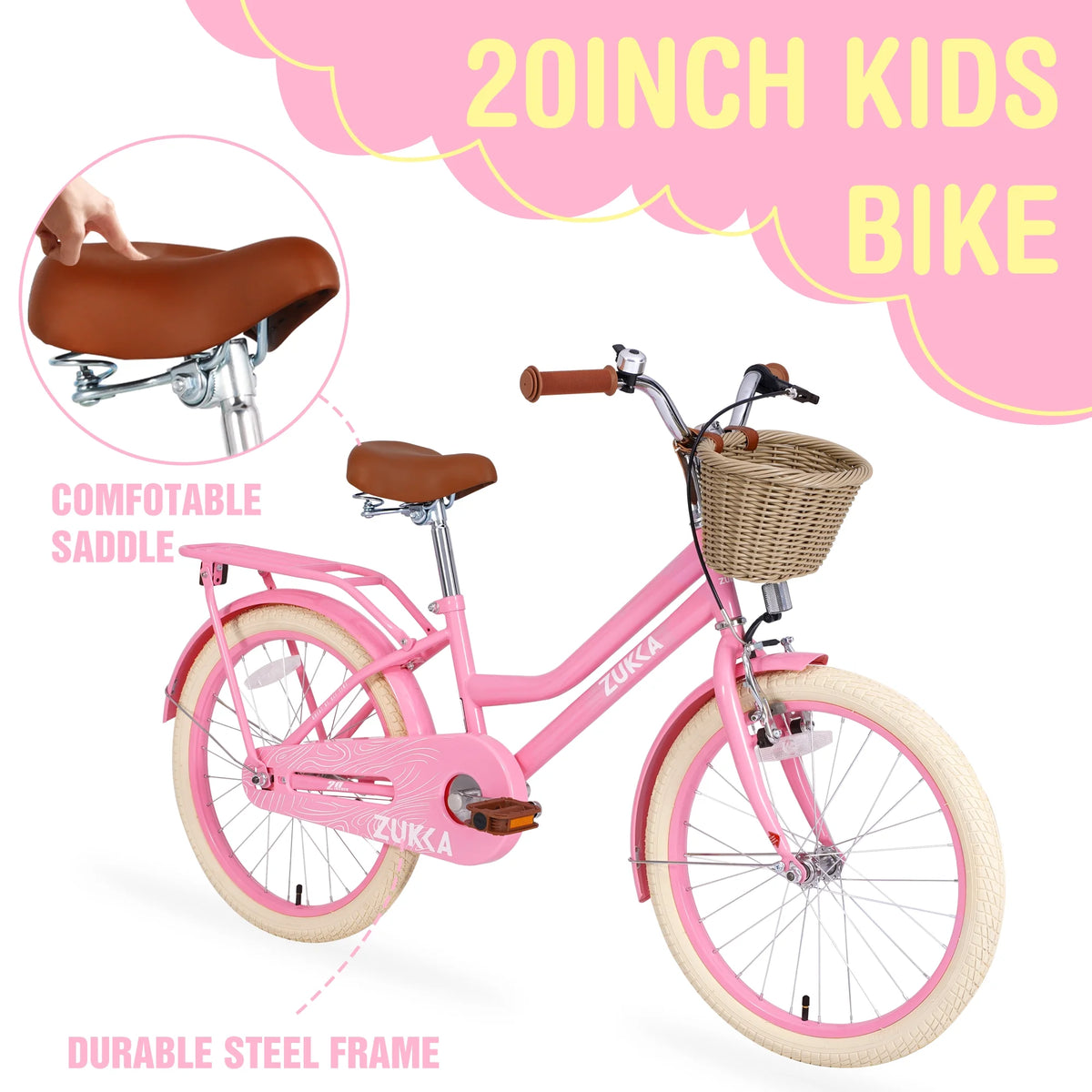 20" Kids Bike Girls Bike with Basket Single Speed Steel Frame Children Bicycle for 7 - 10 Years, Pink