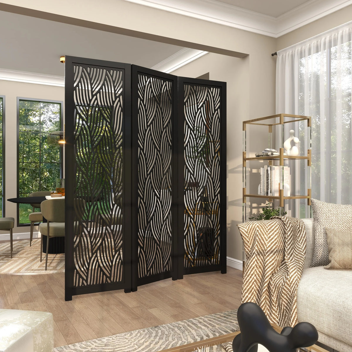 Decmode 60" x 72" Black Mango Wood Abstract Wavy Cutout 3 Panel Room Divider Screen, 1 - Piece