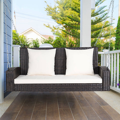 Costway 2-Person Patio Rattan Hanging Porch Swing Bench Chair Black Cushion