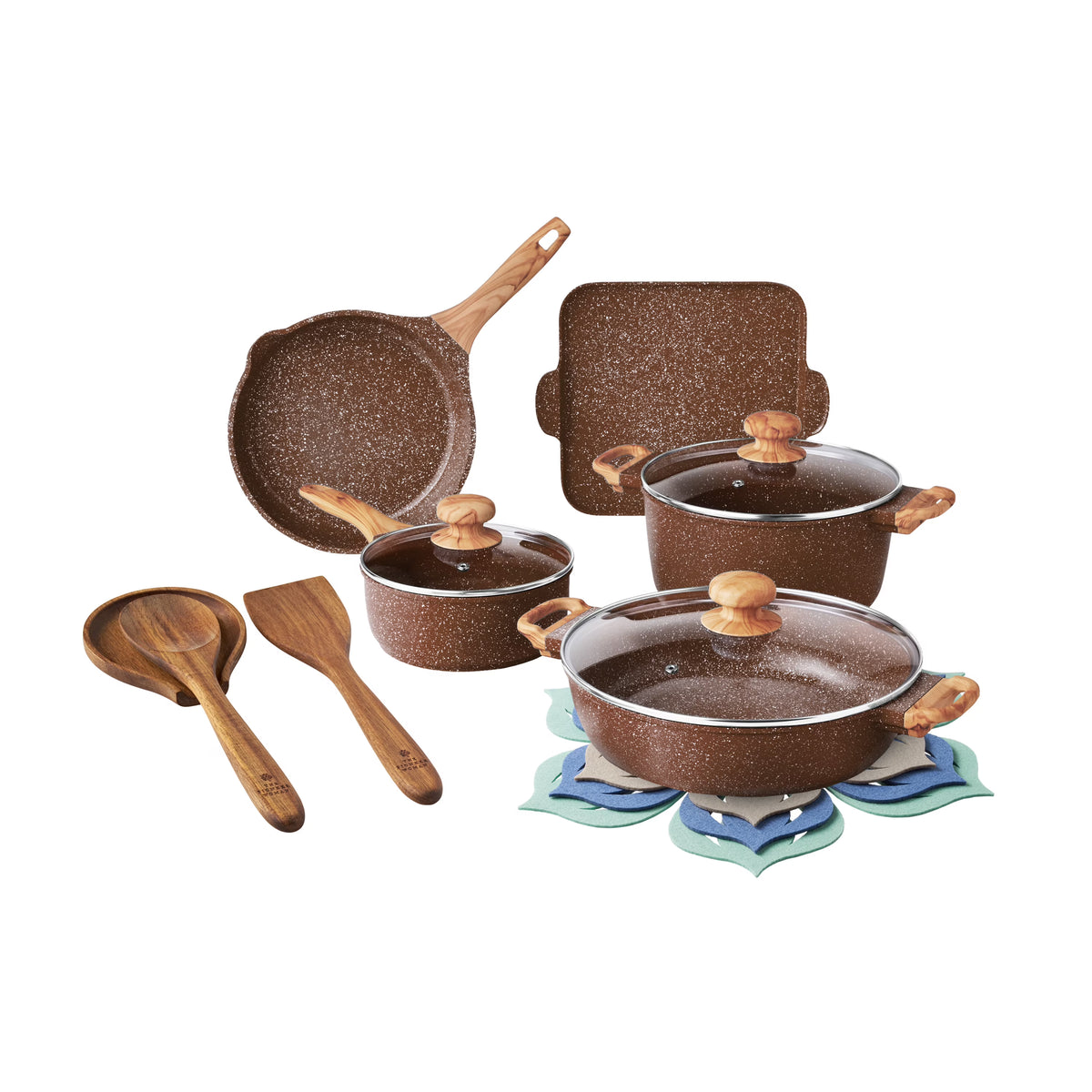 The Pioneer Woman Prairie Signature 14 - Piece Cast Aluminum Cookware Set, Brown Speckle