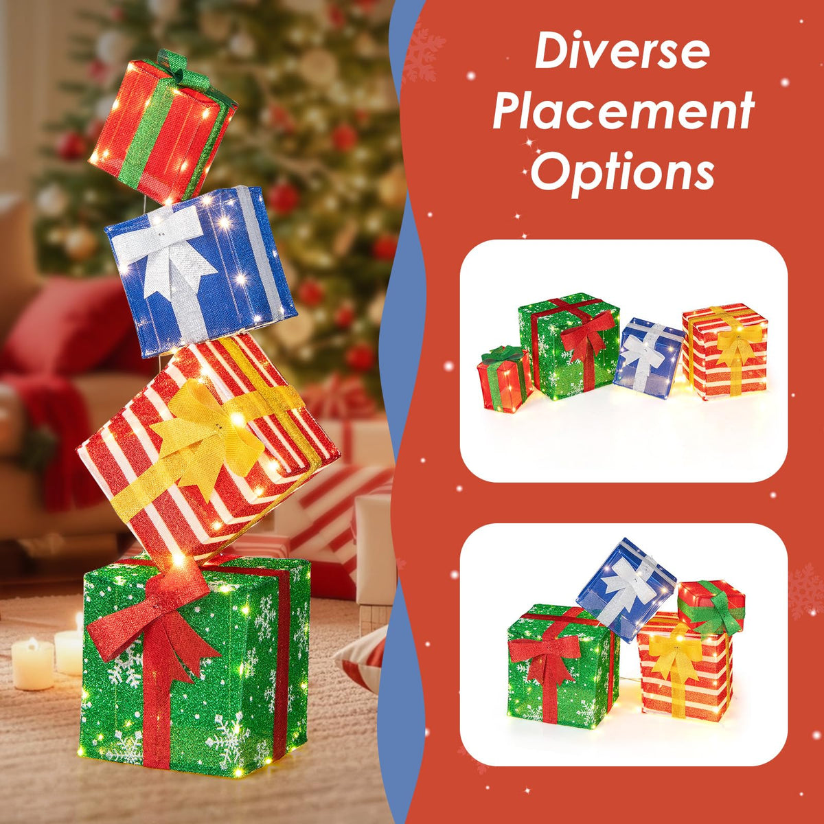Tangkula 4 FT Lighted Stacked Gift Boxes, Light up Box Tower Christmas Decorations with Built-in LED Lights & Decorative Bows