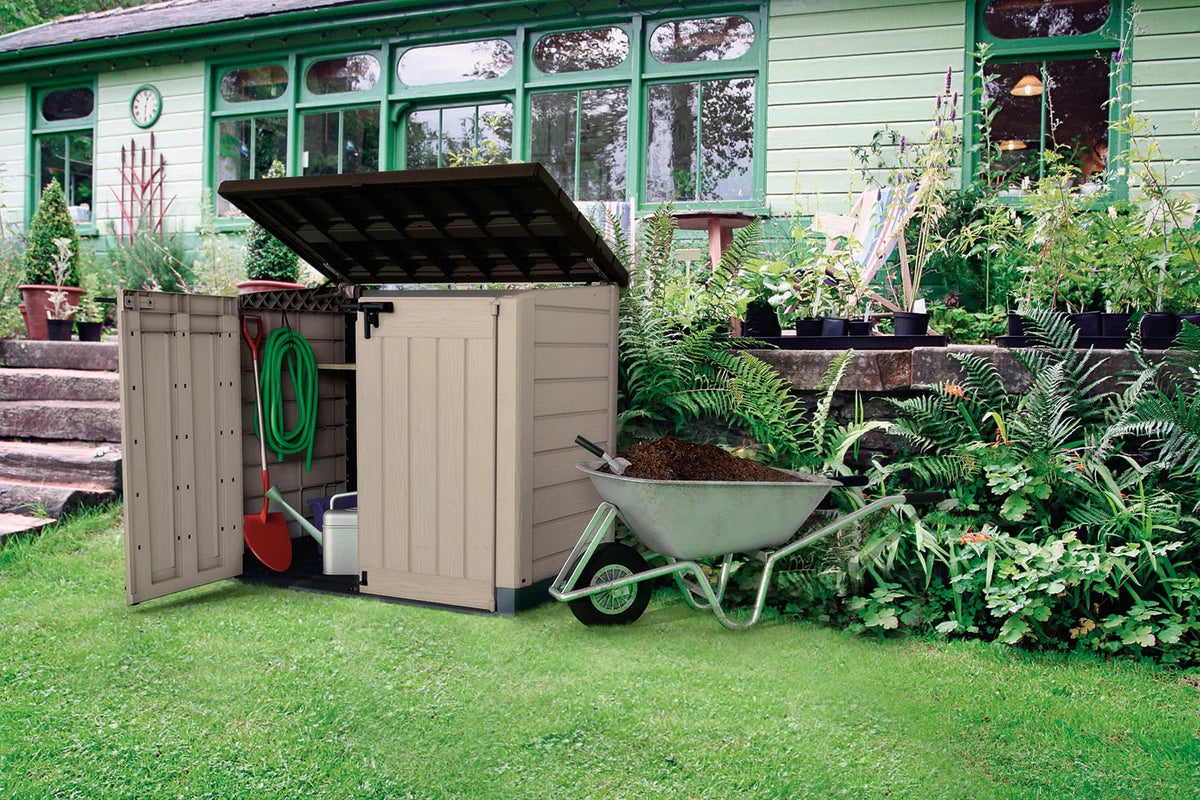 Keter Store It Out MAX Horizontal Durable Resin Outdoor Storage Shed with Heavy Duty Floor and Locking Latch and Double Doors, Beige