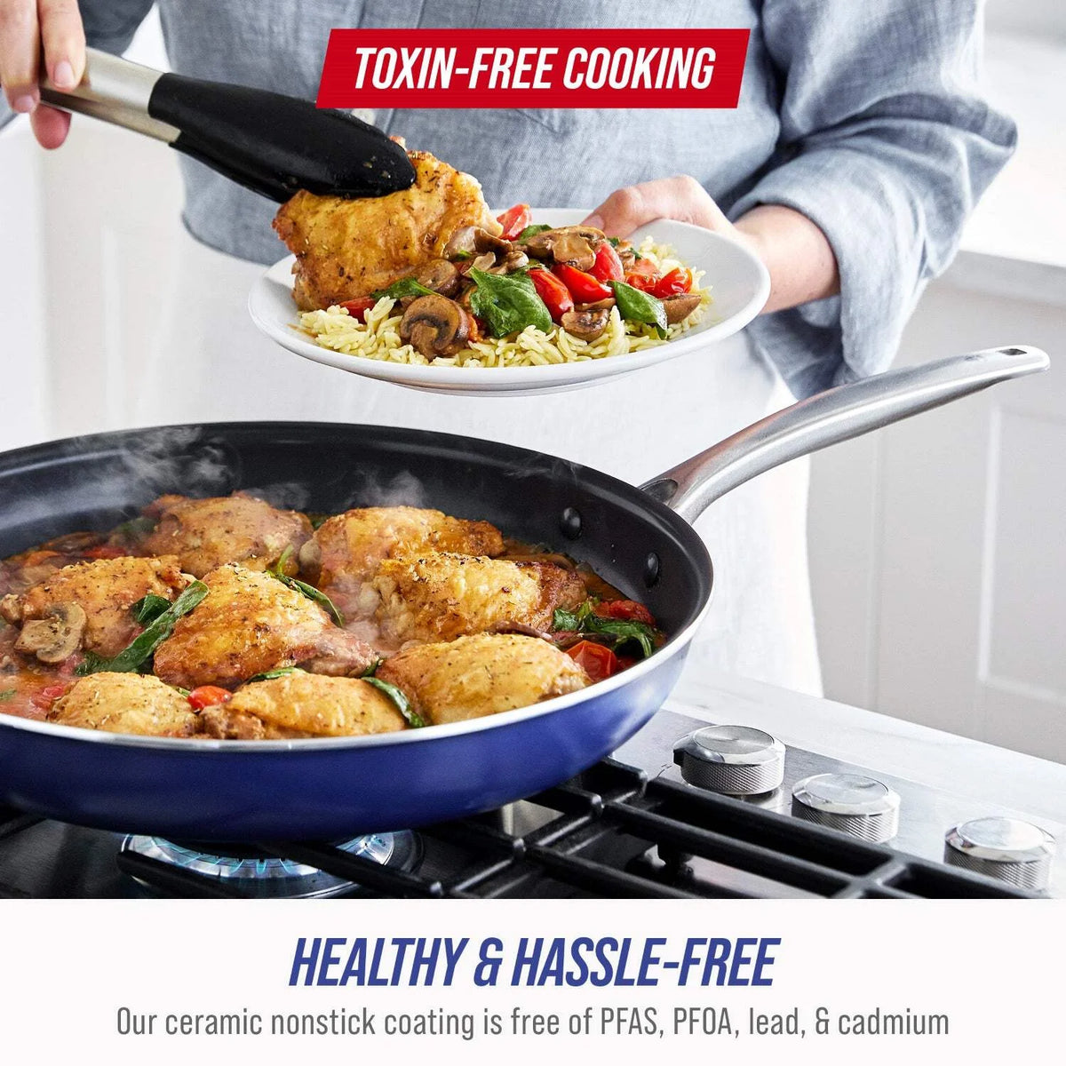 Blue Diamond 14 Piece Cookware Set, Diamond Infused Ceramic Healthy Nonstick, Blue